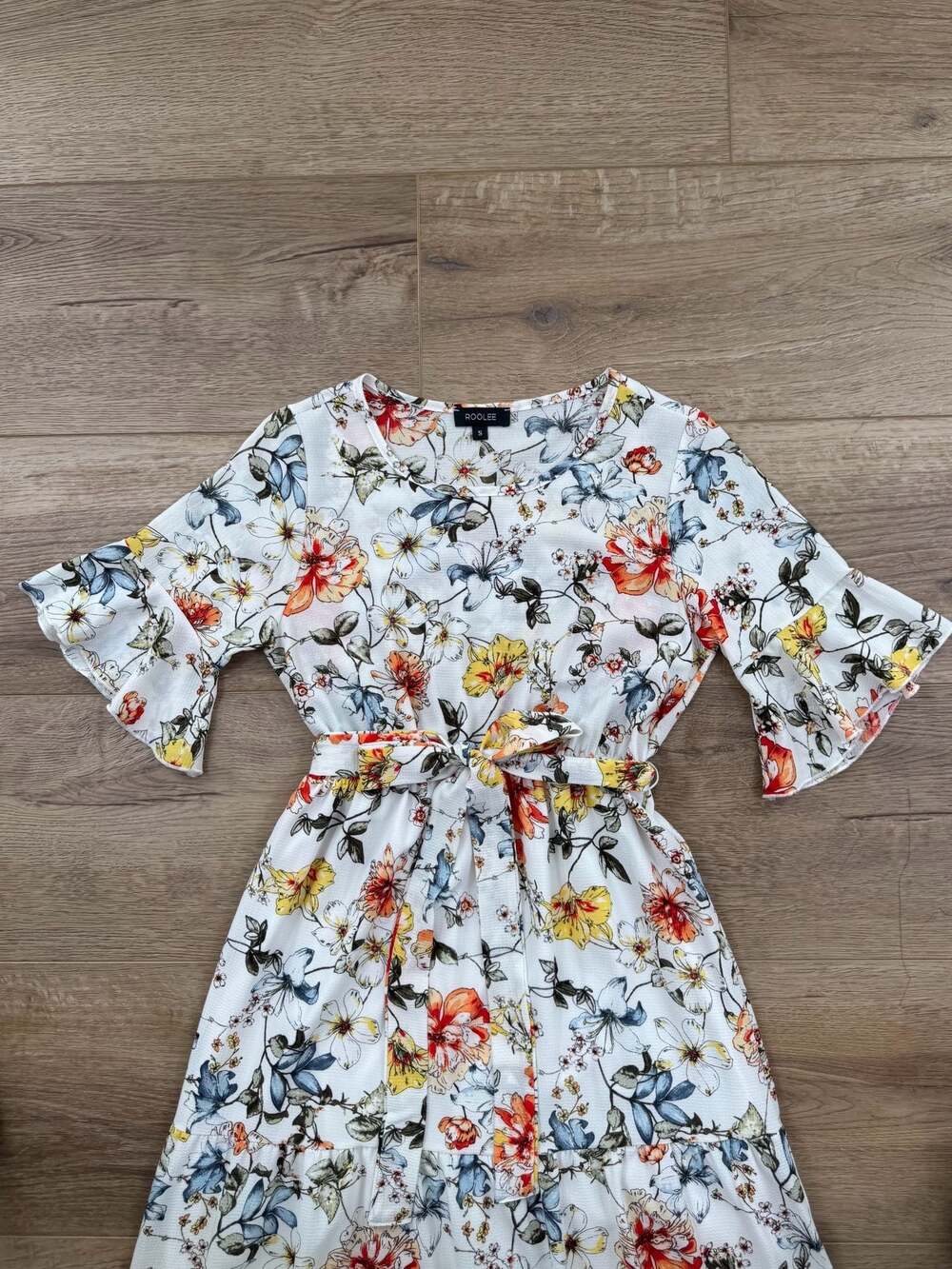 Roolee Floral Tiered Maxi Dress Belted White Boho Lined Size Small - Picture 3 of 13